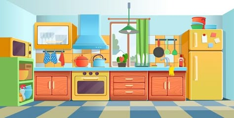 Kitchen Cartoon Background, Kitchen Cartoon, Batman Book, Colored Kitchen, Kitchen Background, Scene Background, Small Kitchen Design, Cartoon House, Kitchen Stove