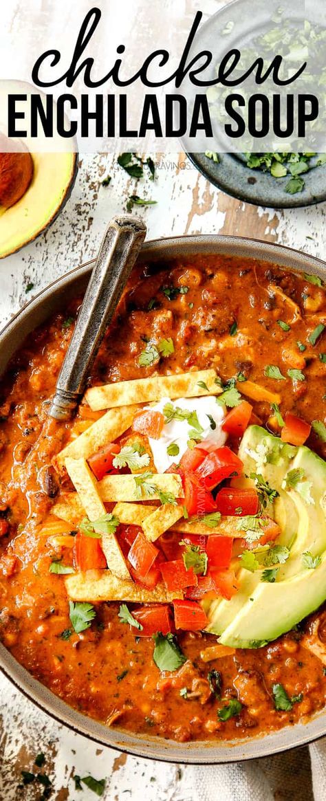 This Chicken Enchilada Soup is lusciously creamy and cheesy and bursting with fiesta flavors, juicy chicken, beans, corn and tomatoes then piled with all of your favorite toppings!. It’s a meal-in-one made with pantry staples on your table in just over 30 minutes! #soup #chicken #chickenrecipes #chickenfoodrecipes #chickensoup #mexicanfoodrecipes #mexicanfood #souprecipes #onepotwonder #recipes #recipeoftheday #recipeideas #recipesfordinner #dinner #dinnerrecipes #din via @carlsbadcraving Cheesy Chicken Enchilada Soup, Chicken Enchilada Soup Recipes, Enchilada Soup Recipe, Chicken Beans, Cheesy Chicken Enchiladas, Creamy Chicken Enchiladas, Soup Chicken, Carlsbad Cravings, Chicken Enchilada Soup