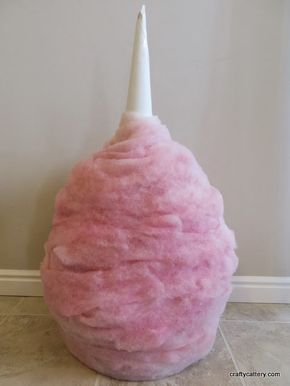 Cotton candy decoration. I used fake spider webs from the dollar store instead of the material used in the insides of a quilt. Cotton Candy Decorations, Candy Props, Candy Decorations Diy, Vanellope Y Ralph, Giant Lollipops, Diy Christmas Candy, Willy Wonka Party, Candy Themed Party, Fake Spider