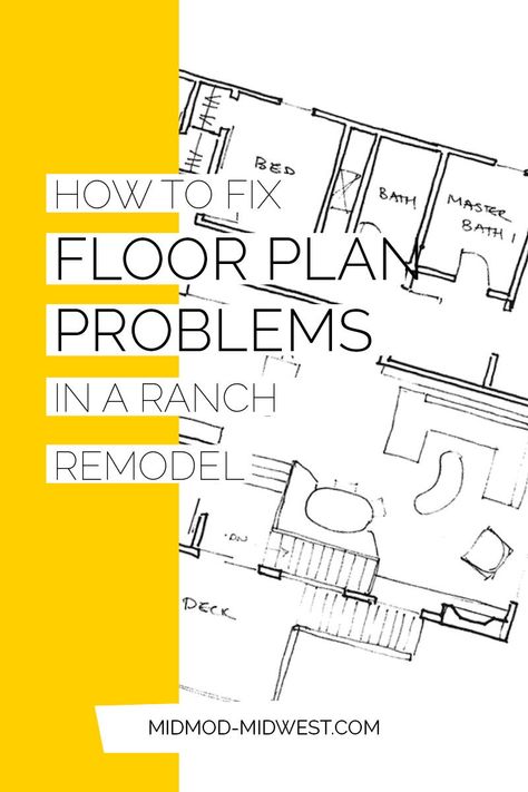 How do you fix a floor plan that turns away from the (great) yard out back? Sometimes you have to throw out the bathwater (but not the baby) and make BIG changes to fix your ranch’s floor plan.  --  Case Study: How to Fix a Bad Ranch Floorplan  --  #midcentury #remodel #badlayout House Additions Ideas Floor Plans, Ranch House Additions Ideas, Ranch Addition Ideas, Addition To Ranch House, Ranch House Remodel Interior, 1960s Ranch House Remodel, Ranch Style Home Remodel, Ranch House Additions, Ranch Addition