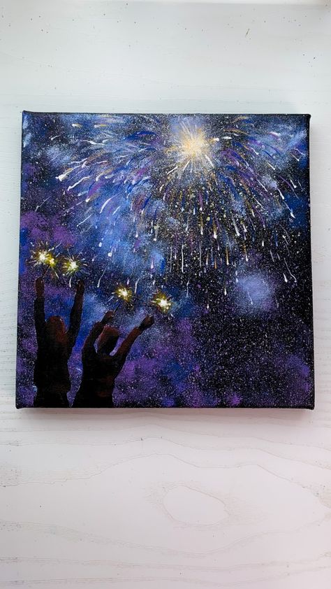 New Year Canvas Painting Ideas, New Year’s Eve Painting, New Year Painting Ideas Canvas, Eid Painting Ideas, Celebration Art Gcse, Eid Painting, Acrylic For Beginners, Celebration Painting, Fireworks Painting