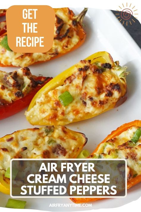 Air Fryer Cream Cheese Stuffed Peppers have bacon, green onion, and cheddar cheese mixed in with the cream cheese to make a rich and creamy filling for mini peppers. Air Fryer Cream Cheese, Cream Cheese Stuffed Peppers, Sweet Pepper Recipes, Mini Peppers, Air Fried Food, Bell Pepper Recipes, Cheese Stuffed Peppers, Stuffed Mini Peppers, Air Fry Recipes