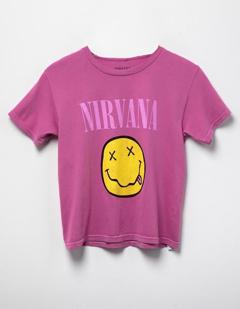 Nirvana Boyfriend Tee. Large Graphic Screened On Front. Ribbed Crew Neckline. Short Sleeve. Oversized Fit. 100% Cotton. Machine Wash. Imported. | Nirvana Girls Boyfriend Tee Tshirts Cute, Cute Stuff For Teens Christmas Gifts, Preppy Nirvana Shirt, Preppy Shirts, Nirvana Shirt Aesthetic, Nirvana Girl, Nirvana Graphic Tees, Nirvana Hoodie Pink, White Nirvana Shirt