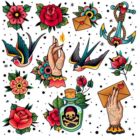 Old School Traditional, Americana Tattoo, Traditional Tattoo Old School, Traditional Tattoo Flowers, Traditional Style Tattoo, Retro Tattoos, Traditional Flash, Flash Tattoo Designs, Tattoo Flash Sheet