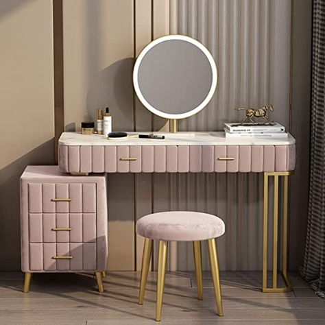 Vanity Table, Vanity Set with Cushioned Stool, Drawers, Makeup Dressing Table with LED Luminous Mirror for Girls Women（Sintered Stone Top） Gray and Pink Girls Dressing Table, Aesthetic Interior Design, Dressing Chair, Dressing Table Design, Dressing Table Vanity, Make Up Desk Vanity, Dressing Table Set, Round Ottoman, Stool Design