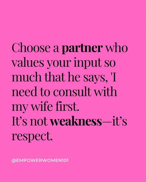 Choose a partner who values your input deeply. Comment „Yes” if you agree Imagine a relationship where your voice matters so much that he says, “I need to consult with my wife first. True respect isn’t a sign of weakness—it’s the foundation of a strong partnership. Double-tap if you value mutual respect in relationships, and comment “💍” if you agree. Follow @empowerwomen101 for more #ValueYourInput #MutualRespect #StrongPartnership #RespectInMarriage #SupportivePartner #HealthyRelationsh... Value Your Wife Quote, Respect In Relationships, Respect Relationship Quotes, Trust Building, Your Voice Matters, Behind My Back, Wife Quotes, Mutual Respect, Conflict Resolution