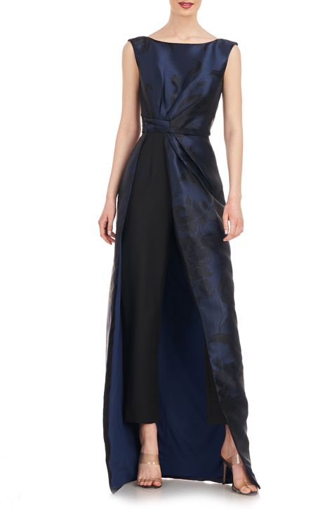 Evening Fashion, Women Chiffon Blouse, Crepe Pants, Maxi Jumpsuit, Column Skirt, Kay Unger, Formal Dresses Gowns, Bateau Neck, Night Blue