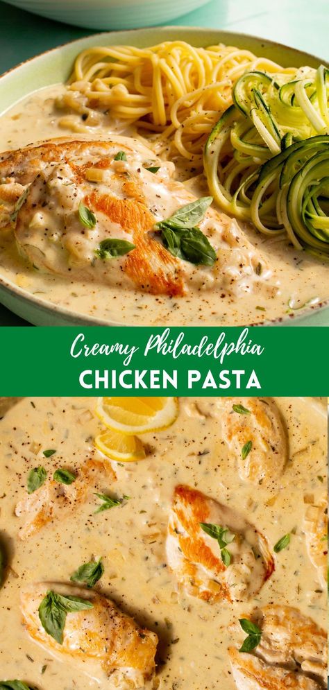 There’s nothing better than a plate of this creamy Philadelphia chicken! This decadent dish gets a healthy makeover for weekly dinners. Philadelphia Pasta Recipes, Philadelphia Pasta, Cream Cheese Recipes Dinner, Pasta Cream Cheese, Cheese Recipes Dinner, Easy Taco Salad Recipe, Hearty Recipes, Cream Cheese Pasta, Philadelphia Recipes