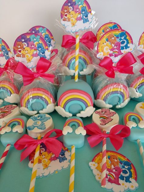 Care Bears Treat Table, Care Bear Birthday Party Decorations, Care Bear Desserts, Care Bear Treat Table, Carebear Themed Birthday Party, Carebear Gender Reveal, Care Bear Cake Pops, Care Bear Birthday Party Food Ideas, Care Bear 2nd Birthday Party