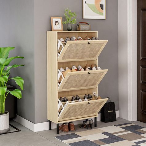 SSLine Farmhouse Shoe Cabinet with 3 Flip Down Storage Shelves Free-Standing Shoe Rack Rustic Wood Shoe Storage Organizer with Unique Rattan Decor for Entryway Hallway Doorway (D Type-Natural-3 Door) Wood Shoe Storage, Entryway Shoe, Wood Shoes, Shoe Storage Cabinet, Storage Hacks, Shoe Organizer, Closet Bedroom, Shoe Cabinet, Closet Storage