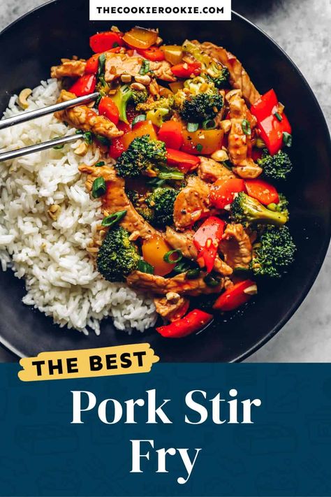 This quick and easy Pork Stir Fry recipe is the best dish for busy weeknights! Savory strips of pork, fresh veggies, and a delicious sauce. Asian Pork Dishes Stir Fry, Pork Asparagus Stir Fry, Pork Stirfry Marinade, Asian Pork Stir Fry, Chinese Pork Stir Fry, Stir Fried Pork Recipes, Pork Stir Fry Recipes Healthy, Pork And Veggie Stir Fry, Pork Stirfry Healthy Recipes