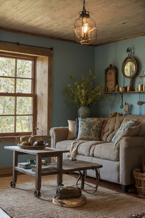 Get ready to transform your space with the top rustic trends of 2024. Discover cozy retreat ideas for a trendy home makeover. #ad     #Colortrend #wallpaint2024  #color2024  #DIYpainting  ##DIYhomedecor  #Fixhome Knotty Pine Walls Color Schemes Living Room, Cabin Interiors Living Room, Rustic Cottage Interiors, Michigan Living, Aqua Living Room, Rustic Paint Colors, Rustic Chic Living Room, Tan Living Room, Color Palette Living Room