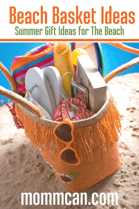 Check out these amazing Beach Theme Gift Basket Ideas! Surprise the ocean loving, beach dreaming person in your life with a great gift! #beach #gifts #diygiftbaskets #giftbaskets #summerstyle Beach Theme Hampers, Tropical Basket Ideas, Beach Baskets Ideas Summer Gifts, Beach Bag Raffle Basket Ideas, Summer Auction Basket Ideas, Pool Bag Gift Basket, Summer Baskets Gift Ideas, Pool Themed Gift Basket, Tropical Gift Basket Ideas