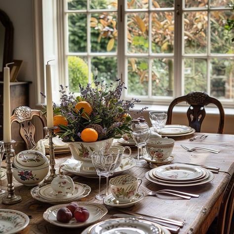 Rustic Farmhouse Table Setting with Antique Chairs Countryside Dining Room, English Cottage Dining Room, English Country Design, English Dining Room, Cottage Dining Room, Farmhouse Table Setting, Cottage Dining, Mismatched Dining Chairs, Cottage Dining Rooms