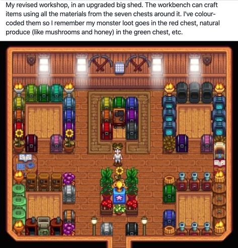 stardew valley upgraded shed layout inspiration for workshop with color coordinated chests House Colors Stardew Valley, Stardew Valley Farm Layout Inspiration, Shed Stardew Valley Layout, Stardew Valley Chest Shed, Stardew Valley Cask Layout, Stardew Valley Workshop, Best Stardew Valley Layout, Stardew Layout Ideas, Stardew Valley Organization Chest