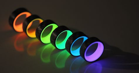 Wear your true colors with pride! Pure carbon fiber ring with a vibrant glowing liner in six rainbow-colored choices.  Save more than 50% off on Kickstarter today! 50% Off, Glow Rings, Glow In The Dark Ring, Latest Ring Designs, Glow Ring, Carbon Fiber Ring, Cool Rings For Men, Dark Rings, Carbon Fiber Rings