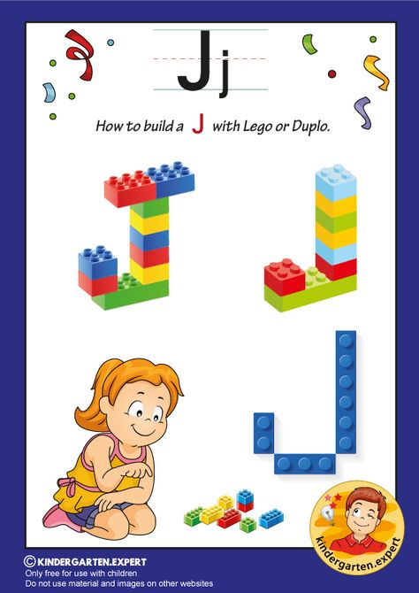 How to build a J with Lego or Duplo, kindergarten expert, free printable Thema Letters, Lego Letters, Alphabet Activities Kindergarten, Alphabet Kindergarten, Lego Activities, Preschool Activities Toddler, Alphabet Crafts, Alphabet Activities Preschool, Grande Section