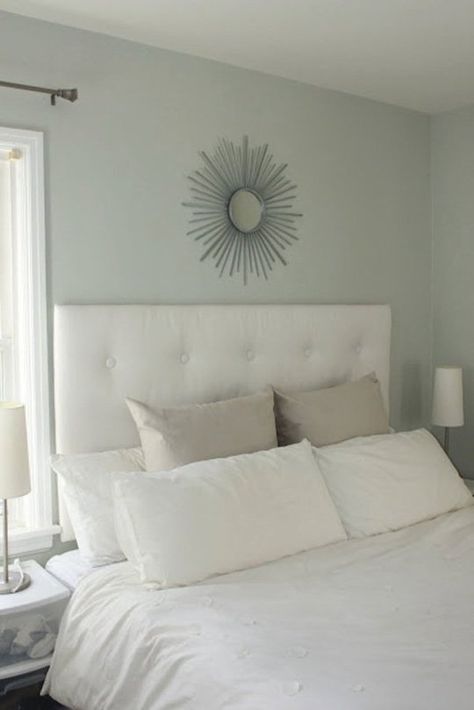 If you believe in calming colors in the boudoir, Misty China Rain (30GY 73/053) is the most soothing grey-green around. Glidden Paint Colors, China Rain, Small Basement Remodeling, Glidden Paint, Style Parisienne, Blue Paint Colors, Grey Paint Colors, Best Paint Colors, Sunburst Mirror