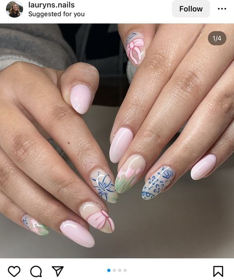 Love Shack Fancy Nails, Dolly Parton Nails, Almond Summer Nail Ideas, Hydrangea Nails, Cute Floral Nails, Mismatch Nails, Hello Nails, Summery Nails, Basic Nails