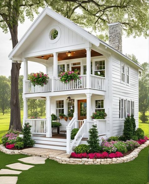 House With A Terrace, Tiny House Wrap Around Porch, Small Simple House Exterior, Small Home With Porch, Wrap Around Porch Small House, Cute Cottage Aesthetic, Lake Tiny House, Small Home Design Ideas Exterior, Cute Tiny Houses Exterior