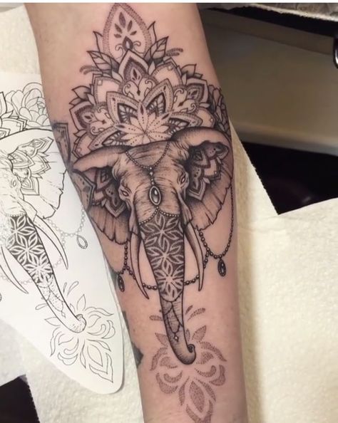 Elephant mandala tattoo Elephant Mandala Tattoo, Tato Mandala, Mandala Elephant Tattoo, Dotwork Tattoo Mandala, Tattoo Elephant, Tato Paha, Dragons Tattoo, Tattoos Meaning, Model Tattoo