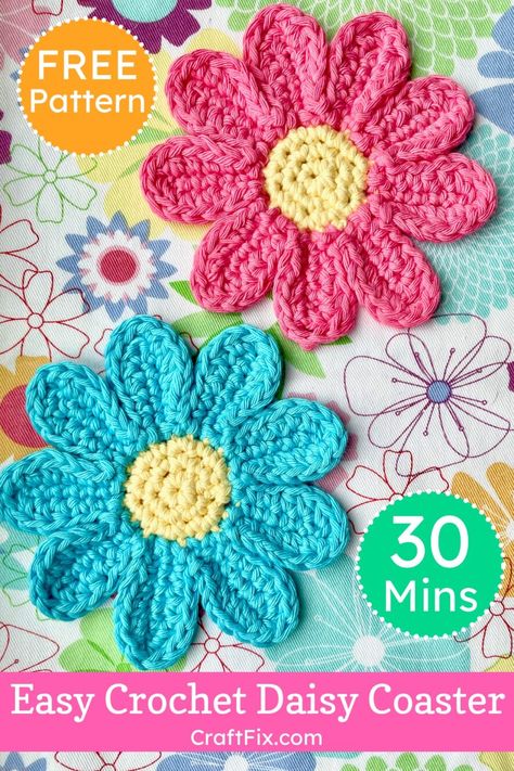 Crochet cute flowers in minutes with this free quick & easy pattern Daisy Coasters Crochet, Flower Crochet Coaster Free Pattern, What To Crochet When Bored Easy Beginner, Crochet Flower Applique Free Pattern, Crochet Flower Coasters Free Pattern, Crochet Motif Patterns Free, Crochet Daisy Pattern Free, Crochet Flowers Free Pattern Easy, Crochet Flower Pattern Free