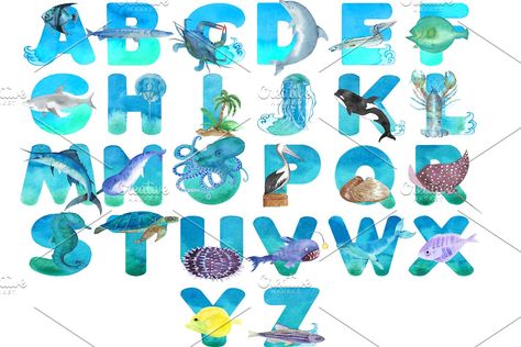 Sea Alphabet, Ocean Font, Watercolor Font, Under The Sea Decorations, Cartoon Sea Animals, Texture Png, Ocean Theme Classroom, Preschool Decor, Animal Letters