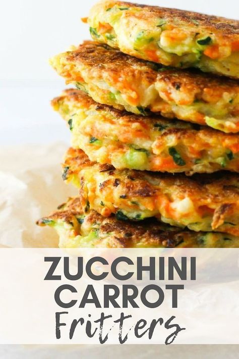 Zucchini Carrot Fritters - Brighten up fritters with a healthy twist. Add these Zucchini Carrot Fritters as a nutritious and delicious side dish for dinner and freeze a batch to enjoy later. via Chef Julie Harrington, RD @ChefJulie_RD #fritters #zucchini #carrot #plantbased #sidedish #glutenfree Carrot And Zucchini Recipes, Healthy Sides For Dinner, Zucchini Carrot Fritters, Fritters Zucchini, Beans Sprouts, Healthy Baked Snacks, Carrot Fritters, Side Dish For Dinner, Zucchini Carrot