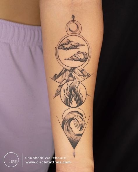 Element Tattoos For Women, Front Of Bicep Tattoo Women, Elements Tattoo Sleeve, Wonderlust Small Tattoo, Elemental Tattoo Ideas, Four Elements Tattoo Symbols, Elements Tattoo Ideas, Elemental Tattoos, 5 Elements Tattoo