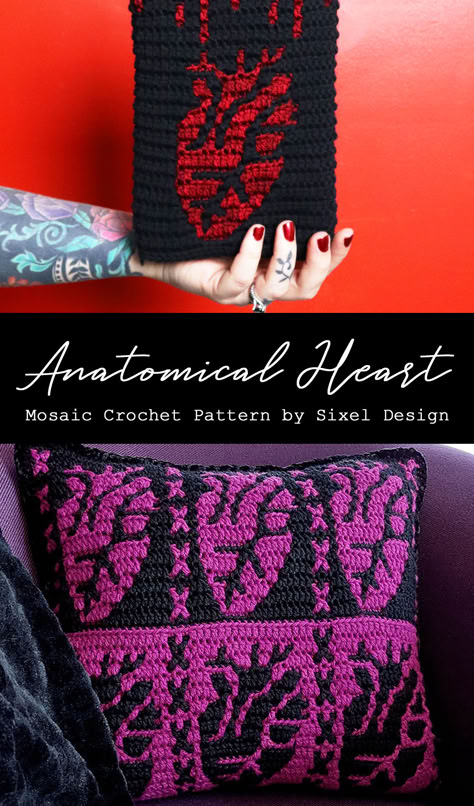 Create a boldly romantic statement with this detailed heart pattern, great for Valentine's Day, anniversaries, or for those into anatomy. Pattern includes chart and instructions for creating a pillow and patch, but you can use the chart to create anything from bags to blankets, hats, sweaters, decor and more.  #mosaiccrochet #crochetpattern #bloodyheart #bloodyvalentine #gothcrochet #heartcrochet #sixeldesign Goth Crochet Blanket Patterns Free, Heart Tapestry Crochet Pattern, Halloween Crochet Decorations, Anatomy Crochet, Horror Crochet Pattern, Crochet Poster, Crochet Horror, Crochet Patchwork Blanket, Spooky Crochet