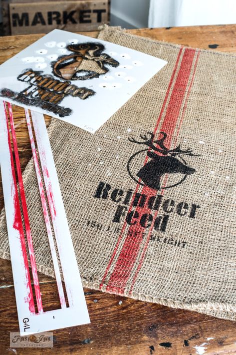 Learn how to make this rustic Christmas Reindeer Feed Santa Sack from a burlap sandbag! Complete with a vintage grain sack stripe for an authentic look! Featuring Funky Junk's Old Sign Stencils and Fusion Mineral Paint. #stencils #funkyjunksoldsignstencils #christmas #funkyjunkinteriors #fusionmineralpaint Vintage Christmas Signs Diy, Reindeer Feed Sack, Grain Sack Ideas, Brown Paper Bag Christmas Crafts, Burlap Sack Ideas Diy, Primitive Reindeer, Reindeer Feed, Burlap Crafts Diy, Best Pillows For Sleeping