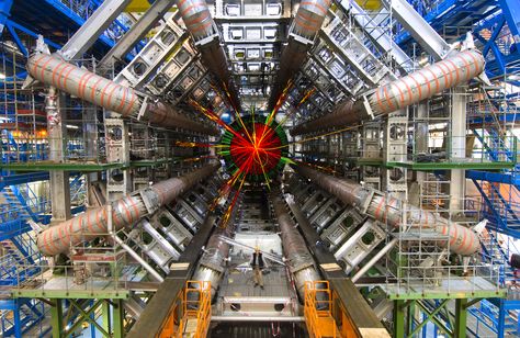 2011 CERN  "Black Hole" event superimposed over a classic image of the ATLAS detector. Particle Collider, Hadron Collider, Nasa Engineer, Particle Accelerator, Large Hadron Collider, Higgs Boson, Science Photos, Physicists, Quantum Mechanics