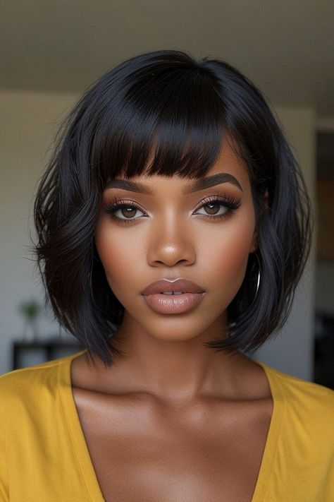 Top 3 Short Human Hair Wigs For Black Women Trends You Need to Know This Year Black Hairstyles Bob Mid Length, Black Women Hairstyles With Bangs, Natural Bob Hairstyles For Black Women, Bob With Bangs For Black Women, Black Woman Bob Hairstyles, Curly Bob Hairstyles For Black Women, Relaxed Hairstyles For Black Women, Bobs On Black Women Real Hair, Fluffy Bob Black Women