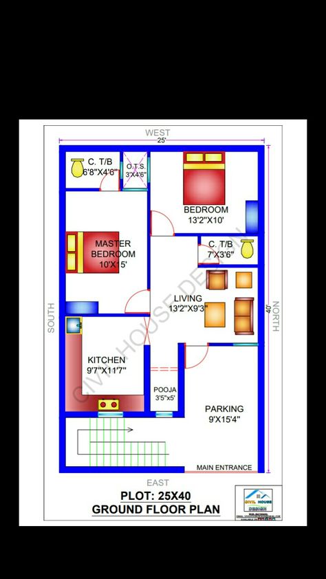 2 Bhk East Facing House Plan, 25 40 East Facing House Plans, 25 By 30 House Plans, 24×40 House Plans, 20x40 House Plans East Facing, 26x40 House Plans, 2 Bhk House Plan With Pooja Room, 40x20 House Plans, 20x30 House Plans East Facing