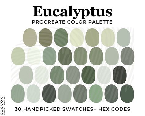 Eucalyptus Green Color Palette for Procreate, Procreate Swatches, Eucalyptus Color Palette HEX Code, Green Color Scheme, Dusty Green Wedding - Etsy UK Green Color Swatches Colour Palettes, Shades Of Green Palette, Green Pallets, Color Palette Hex Code, Eucalyptus Color Palette, Dusty Green Wedding, Eucalyptus Color, Color Palette For Procreate, Party Palette