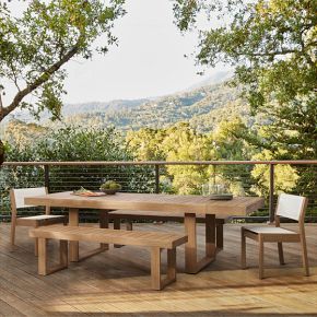 West Elm Portside Dining Table, Pool Color Palette, Exterior Pergola, Outdoor Dining Table Ideas, Outdoor Wood Dining Table, Patio Ideas Design, Pavilion Decor, Exterior Black Windows, Outdoor Dinning Table