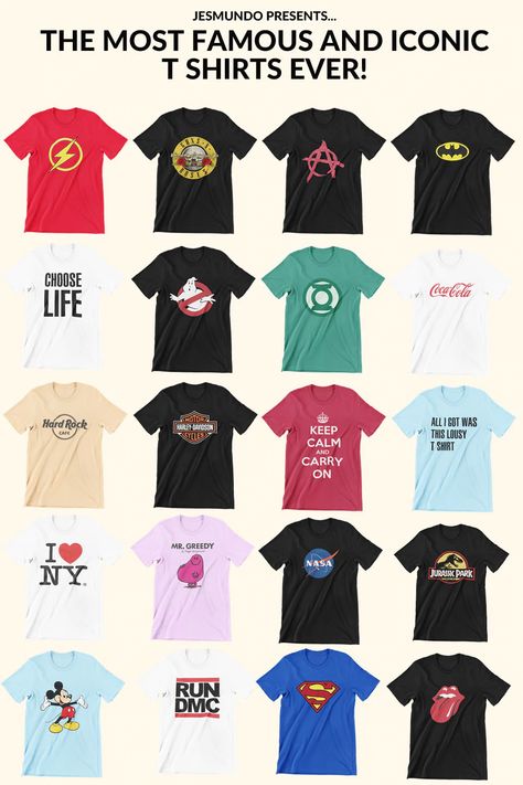 The 50 Most Famous And Iconic T Shirts Ever! Iconic band t-shirts, famous graphic shirts, famous brands shirts that everyone knows worldwide and more. Iconic Tshirt Designs, 10 Winter Outfits, Pop Culture Tshirts, Culture Clothing, Band T Shirts, Kids Coloring Books, Branded Shirts, Cultura Pop, Famous Brands