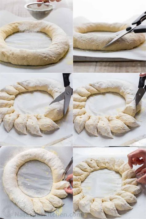 How to Make a Wreath Bread with DIY video! Wreath bread has a crisp crackly crust and super soft center. Surprisingly easy and impressive for Christmas! | Natashaskitchen.com Wreath Bread, Bread Wreath, Bread Recipe Video, Bread Scoring, Make A Wreath, Christmas Bread, Bread Shaping, Make Bread, Bread Art