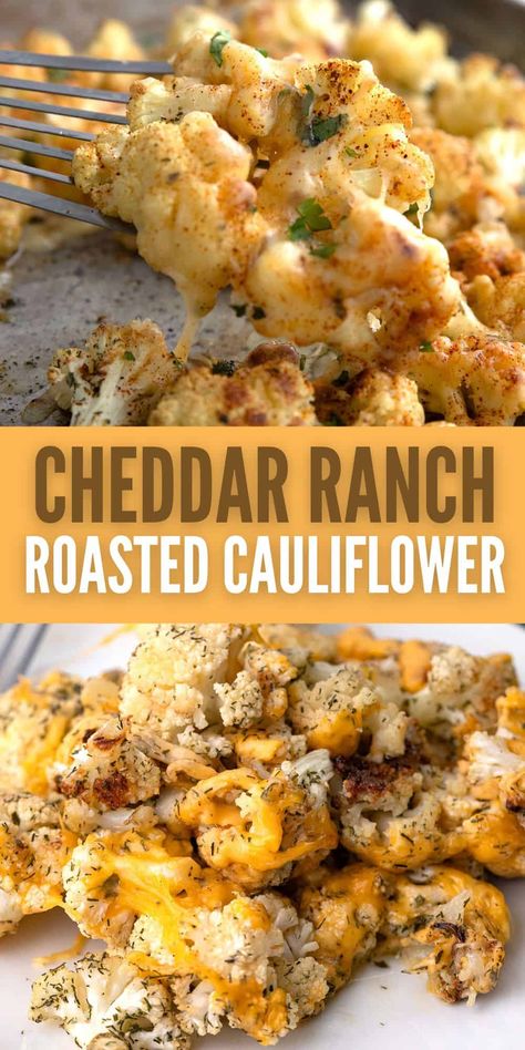 With the tangy flavors of cheddar cheese and ranch seasoning, this easy roasted cauliflower recipe is destined to become a new favorite side dish. Ranch Cauliflower Recipes, Cauliflorini Recipes, Cauliflower Side Dish Recipes Healthy, Roasted Cauliflower Bites, Vege Sides Dishes, Delicious Veggie Sides, Dinner Sides Easy Healthy, Cauliflower Cheese Bites, Seasoned Vegetables Recipe