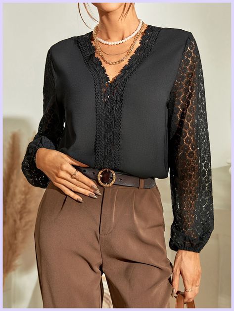 [Promotion] Black Casual Long Sleeve Polyester Plain Top Embellished Non-Stretch Spring/Summer Women Tops, Blouses And Tee #womenblousesfashioncasual Women Formal Tops, Trending Tops For Women 2023, Formal Tops For Women Blouses Fashion, Formal Tops For Women Classy, Blouses For Women Casual Classy, Lace Tops For Women Classy, Elegant Tops And Blouses, Women Blouses Fashion Classy, Women Blouses Fashion Casual