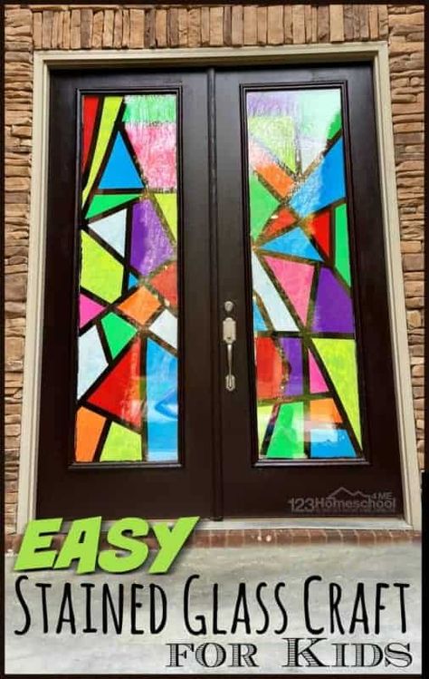 Looking for a fun project of stained glass art for kids for kids to make? You can quickly turn your window or front door into a stunningly beautiful stained glass window craft! This stained glass craft is fun for the whole family to try together; kids from preschool, pre-k, kindergarten, first grade, 2nd grade, 3rd grade, 4th grade, 5th grade, and 6th grade students will want to help. So try this kids stained glass window to turn your glass into a piece of modern art that decorate inside AND out Tin Foil Crafts, Stained Glass Craft, Diy Stained Glass Window, Diy Staining, Window Crafts, Glass Window Art, Glass Craft, Spring Craft, Making Stained Glass