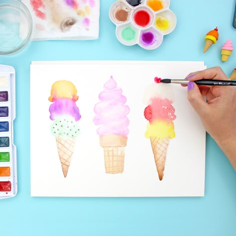 Learn how to paint watercolor ice cream cones with this detailed step by step tutorial. This is a great watercolor project for beginners. Check it out! Watercolor Ice Cream, Art Videos For Kids, Watercolor Art Diy, Watercolor Art Journal, Watercolor Art Paintings, Learn Watercolor, Watercolor Paintings For Beginners, Paint Watercolor, Watercolor Projects