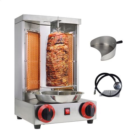 PRICES MAY VARY. Manual ignition, more convenient and safe for using. 2 Cost-effective ceramic burner, keep lower consumption with high efficiency. 110V constant speed motor, 360° auto rotating roast for the kebab. Removable Stainless Steel Skewer, easy for meat loading and remove. Bottom loaded stainless steel oil collecting drawer tray, convenient to clean. Shawarma Doner Kebab Machine Mini Gyro Grill Machine 2 Burners Vertical Broiler  Technical Parameters:  Material:Stainless Steel  Size:295 Shawarma Grill, Barbecue Machine, Bbq Rotisserie, Grill Machine, Rotisserie Oven, Kebabs On The Grill, Doner Kebab, Barbecue Restaurant, Chicken Shawarma