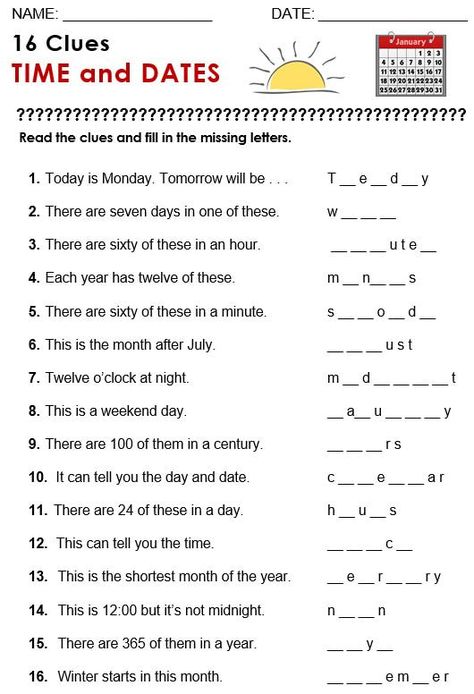 Time And Date Worksheet, School Things Worksheet For Kids, Reading Dates, Word Puzzles For Kids, Ingles Kids, Materi Bahasa Inggris, Grammar For Kids, Mathematics Worksheets, English Activities For Kids