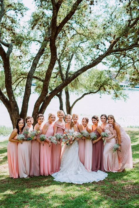 Varying shades of pink bridesmaid’s dresses came out perfectly! Different Shade Pink Bridesmaid Dresses, Multi Pink Bridesmaid Dresses, Bridesmaid Dresses Shades Of Pink, Pink Bridesmaid Dresses Mismatched Shades, Different Shades Of Pink Bridesmaids, Mismatched Pink Bridesmaid Dresses, Shades Of Pink Bridesmaids, Dark Pink Bridesmaid Dresses, Shades Of Pink Bridesmaid Dresses