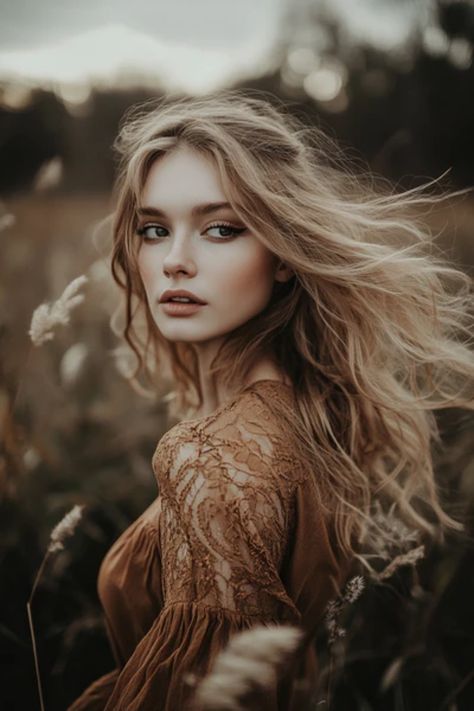 A woman with long, wavy hair stands in a grassy field, wearing a lace detailed top, with a contemplative expression. Moody Lightroom Presets, Ethereal Photography, Outdoor Portrait Photography, Best Free Lightroom Presets, Best Lightroom Presets, Dramatic Photos, Edited Photos, Social Media Feed, Moody Photography