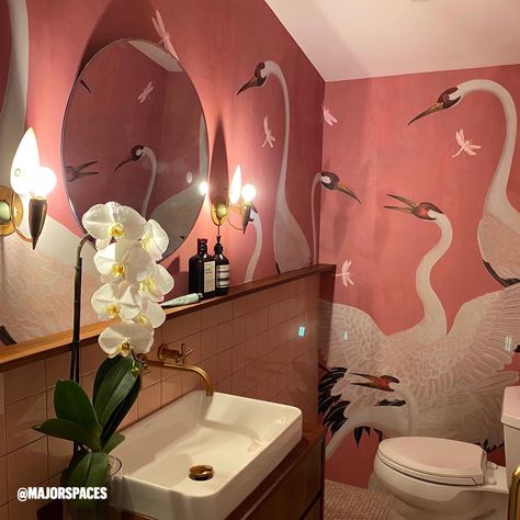 Gucci wallpaper in my guest bathroom. #pinkbathroom #interiors #gucciwallpaper #bathroomrenovation #interiordesigner #jaimemajor #majorspaces Gucci Wallpaper, Expensive Wallpaper, Sink Legs, Swan Wallpaper, Bold Decor, Bright Wallpaper, Guest Bathrooms, Bathroom Wallpaper, Dining Room Walls