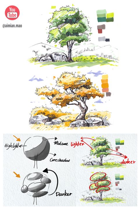 Reka Bentuk Landskap, Landscape Design Drawings, Landscape Architecture Drawing, Nature Sketch, Desain Lanskap, Tree Sketches, Painting Ideas For Beginners, Landscape Sketch, Architecture Design Sketch