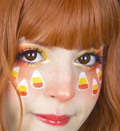 Candy Corn Makeup Ideas, Candy Corn Witch Costume, Candy Corn Makeup Halloween, Candy Corn Face Paint, Fall Festival Face Painting Ideas, Candy Face Paint, Candy Corn Makeup, 1st Period, Candy Corn Witch