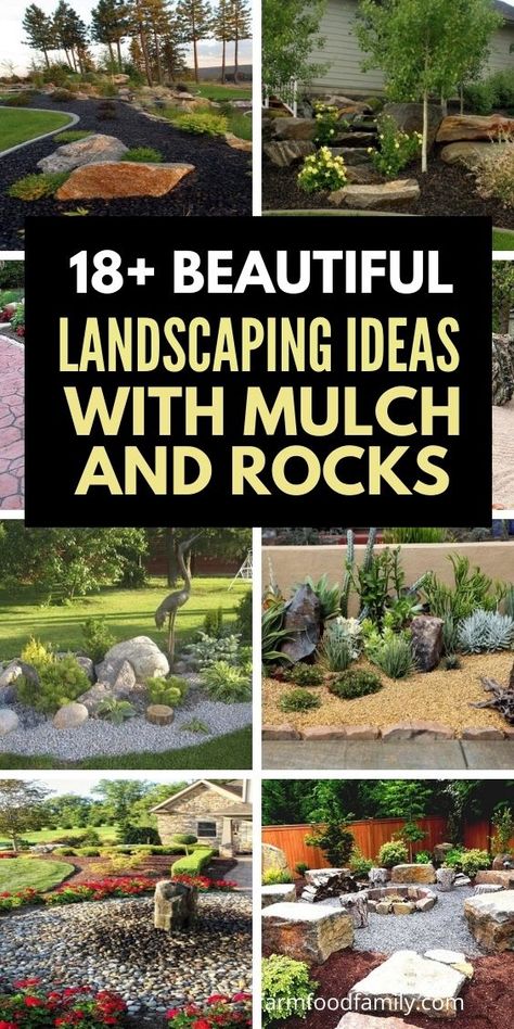 18+ Best Landscaping Ideas & Designs With Mulch And Rocks Landscaping Around Large Rock, Rocks Around Garden Beds, Decorative Bark Garden Ideas, Front Yard Stone Landscaping Ideas, Rock And Bark Landscaping Ideas, Pea Rock Landscaping, Gravel Mulch Landscaping, How To Place Rocks In Landscaping, Rock Garden Bed Ideas